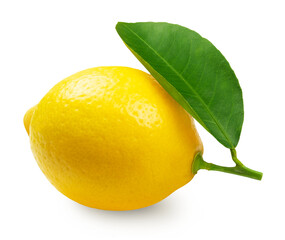 Lemon isolated. Fresh lemon with green leaf on transparent background.