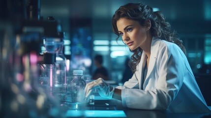 Beautiful young woman scientist in white coat and glasses in laboratory - obrazy, fototapety, plakaty