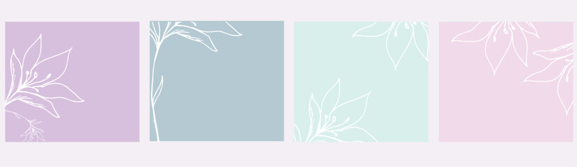 square backgrounds. Minimalistic style with floral elements. Editable vector template for card, banner, invitation, social media post, poster, mobile apps, web ads