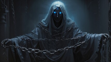 Dark Figure with Glowing Blue Eyes Holding Chains in a Dungeon-Like Setting