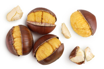 roasted peeled chestnut isolated on white background wit full depth of field. Top view. Flat lay