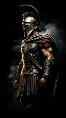 Portrait of a brave spartan warrior standing on dark background. Ancient sparta concept, vertical design - obrazy, fototapety, plakaty