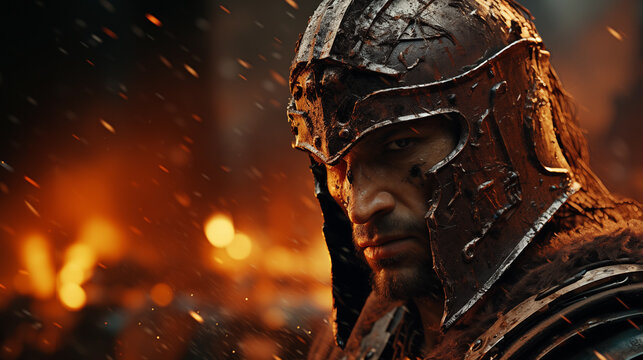 Exhausted ancient male spartan warrior with helmet after battle, burning blurry battlefield background with copy space for text