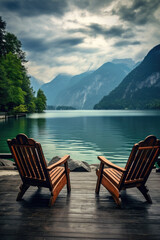 Wooden chairs on the wooden deck of a lake