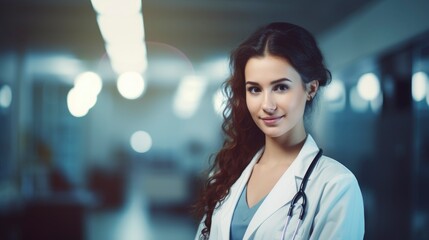 Obraz premium Young pretty smiling woman doctor portrait in medical class