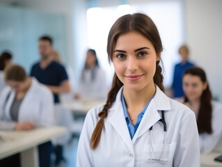 Fototapeta premium Young pretty smiling woman doctor portrait in medical class