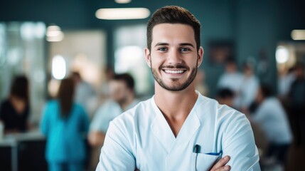 Young pretty smiling man doctor portrait in medical class