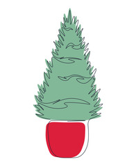 Christmas tree in red pot one line drawing. Spruce or pine in single continuous line art style. Minimalistic fir on white isolated background. Eco-friendly Christmas. Have a Green Christmas.