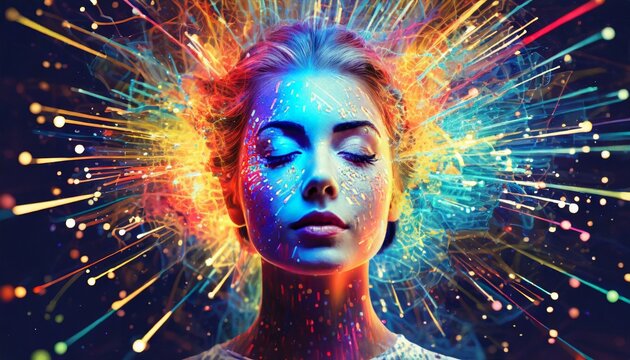 Vibrant explosive depiction human mind bursting with a spectrum, creative thoughts and ideas