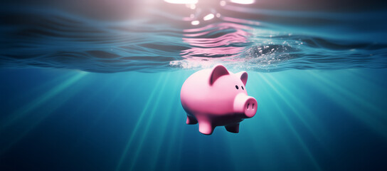 Pink piggy bank sinks underwater, drowning to the bottom of sea water - Concept of investment failure, financial risk, debt problem, bankruptcy, economy crisis - obrazy, fototapety, plakaty