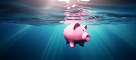 Fotobehang Pink piggy bank sinks underwater, drowning to the bottom of sea water - Concept of investment failure, financial risk, debt problem, bankruptcy, economy crisis © mozZz