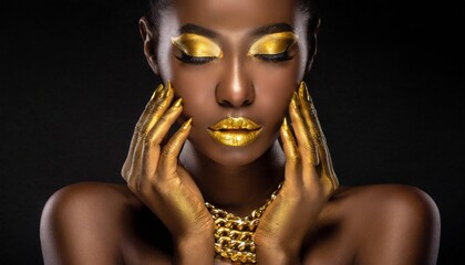 Portrait closeup Beauty african woman face in gold paint. Golden shiny skin. Fashion model girl posing. - obrazy, fototapety, plakaty