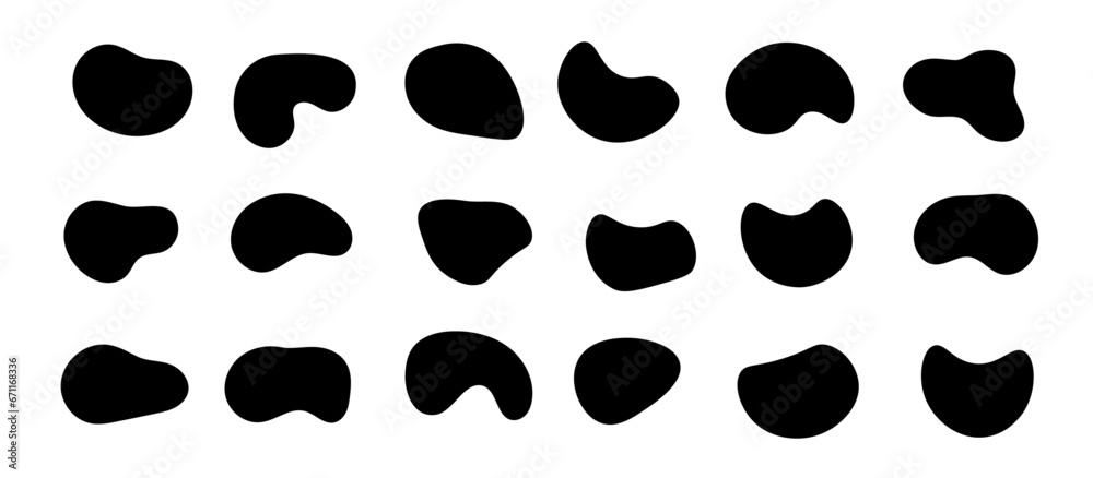 Poster set of organic amoeba blob shape. spot irregular form pebble, stone. random black drops, inkblot, pa
