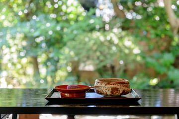 和菓子とお茶、日本家屋の縁側の風景、茶道イメージ
