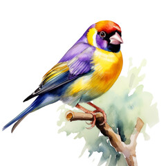 Watercolor paint beautiful budgie budgerigar goldfinch bird sits on a branch. Hand Drawn Summer Tropical Illustration isolated on white background.	