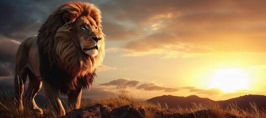 Lion Gazing at Sunset in Open Landscape