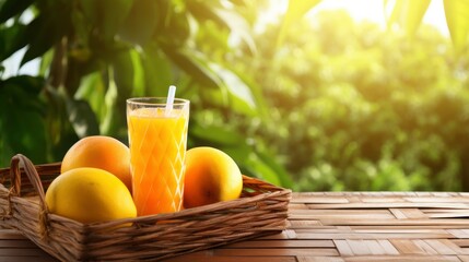 Naklejka premium Glass of mango juice, ripe mango fruits with green leaves on wooden table. Natural background of mango trees. Fresh, sweet tropical fruit, template for design, advertising