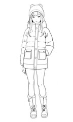 Sketch of a girl in winter clothes in anime style. lain art.