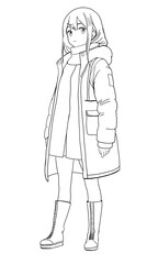 Sketch of a girl in winter clothes in anime style. lain art.