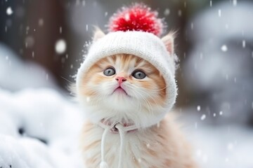 Portrait of cute fluffy little red kitten in knitted hat against background of snow. Falling snowflakes, kitten in winter. Beautiful card with funny cat