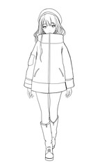 Sketch of a girl in winter clothes in anime style. lain art.