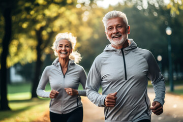 Naklejka na ściany i meble Gray-haired middle-aged man and woman are running, playing sports on the street in park at sunset. Active happy pensioners, healthy lifestyle, senior fitness