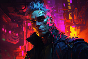 The neon illuminated face of a young cyberpunk man on futuristic metropolis background. Future life concept