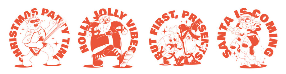 Christmas retro groovy posters, cards. Lettering illustration for t-shir print with walking funny cute comic characters. Snowman, Santa, Gifts. Vector illustration in monochrome red palette 