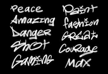 Collection of graffiti street art tags with words and symbols in white color on black background