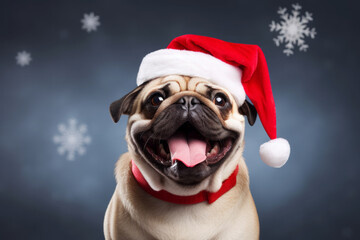 Festive happy French bulldog in red Christmas hat on minimal dark blue background with snow flakes. Winter holidays concept