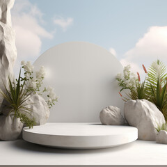 Minimalistic white stone podium stage for product presentation. Empty space for display