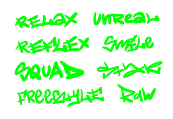 Collection of graffiti street art tags with words and symbols in light green color on white background