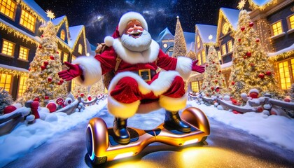 Santa Claus joyfully rides a modern hoverboard, juxtaposed against a traditional Christmas village sparkling under a snowy night. Generative AI - obrazy, fototapety, plakaty