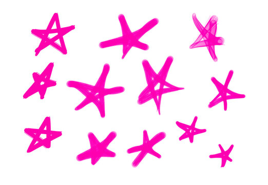 Collection of graffiti street art tags with star symbols in pink color on white background