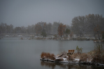 lake in the morning snow