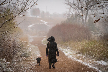 woman and dog walking in snowy park