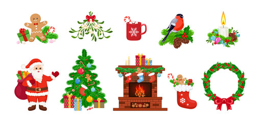 Christmas illustrations set. New Year festive decor. Collection of vector bright cartoon design elements.
