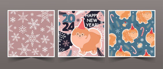 Set of Happy New Year 2024 cards and seamless patterns with cute dogs, text, and winter elements. Vector flat illustration in trendy colors. - obrazy, fototapety, plakaty