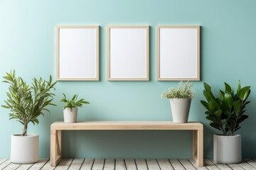 Interior poster mock up with three vertical empty wooden frames,  baby blue wall plant and lamp in living room with white wall. 3D rendering.
