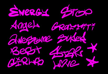 Collection of graffiti street art tags with words and symbols in pink color on black background
