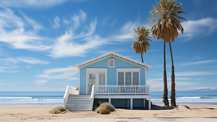 coastal living. blue cottage house on a sunny beach. summer getaway