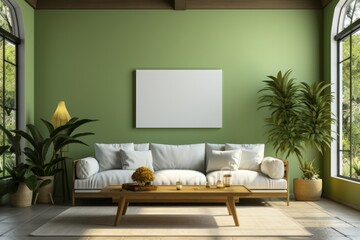 Interior poster mock up with three vertical empty wooden frames, gray sofa, plant and lamp in living room with white wall. 3D rendering.