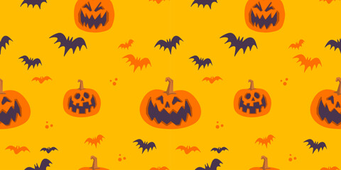 Halloween seamless pattern with carved pumpkins and bats. Cheerful spooky illustrations.