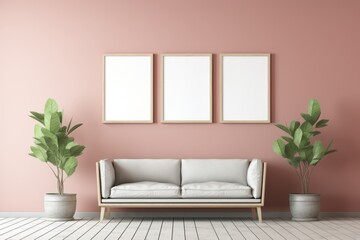 Photo frame mock up, sofa in modern scandinavian Interior design with blank canvas with pink wall.