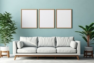 Photo frame mock up, sofa in modern scandinavian Interior design with blank canvas with blue wall.