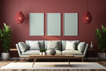 Interior poster mock up with three vertical empty wooden frames,  plant and lamp in living room with white wall. 3D rendering.