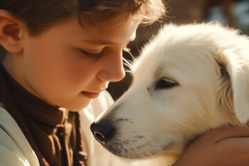 Kid with her white dog lovingly