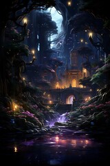 Fantasy scene with waterfall and castle in the background.