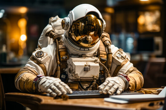 Man in space suit sitting at desk with keyboard.