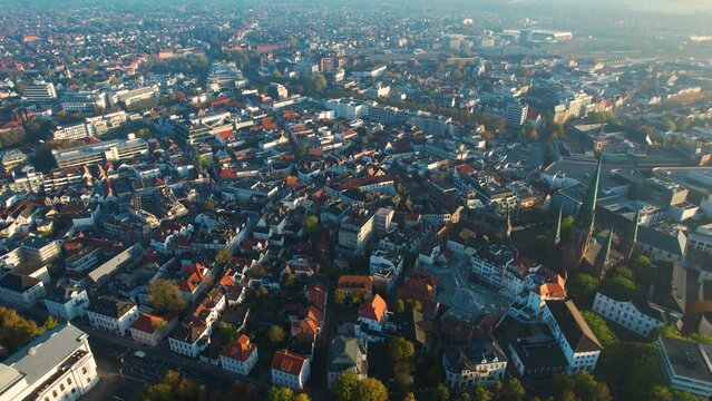 Aerial view around the old town of Oldenburg in Germany on a sunny spring day
